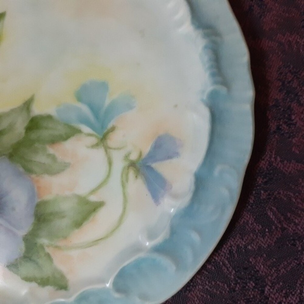 vintage Hand painted blue flower ceramic wall plate painting art pansy porcelain - Picture 8 of 9